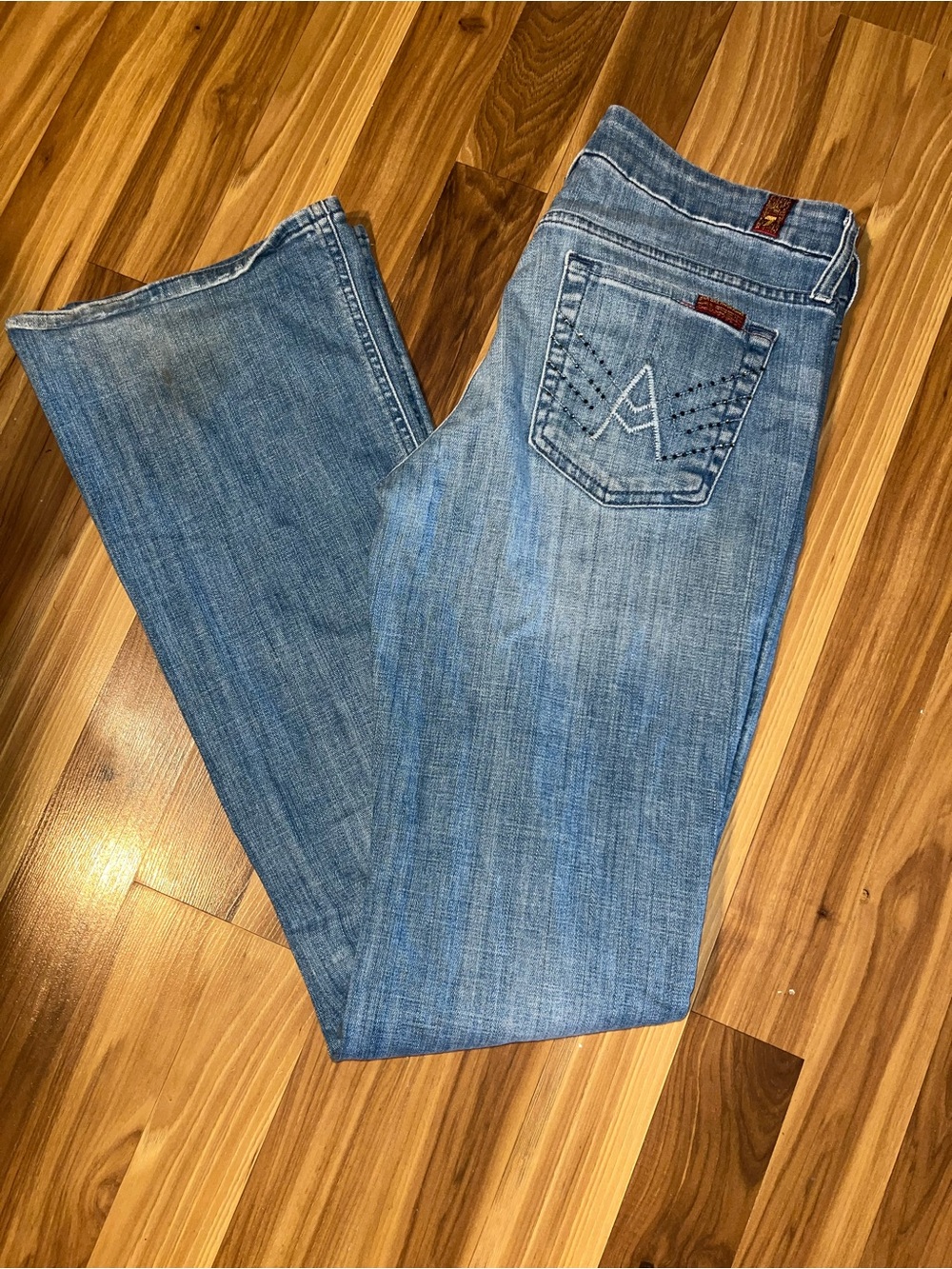 7 For All Mankind A Pocket Light Blue Bootcut Jeans with Embroidered Back Pocket